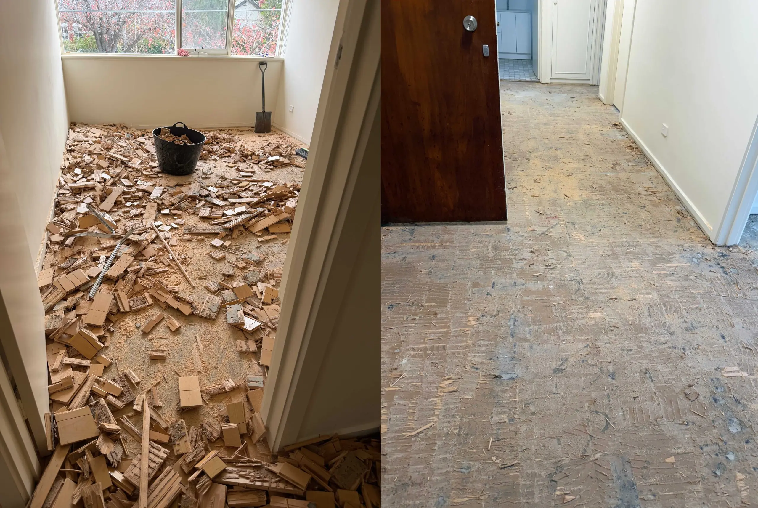 Before and After Flooring Timber floor removal and disposal in progress on a Melbourne property